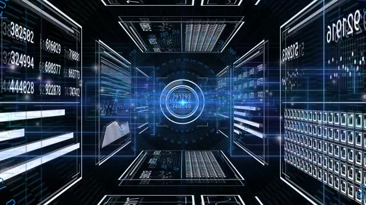 Pulsing central HUD activating panels and sweeping blue streams in data corridor, showing numbers