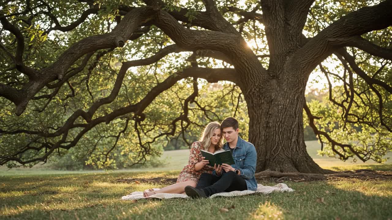 Couple Reading a Book Together Under a Large Tree in a Park