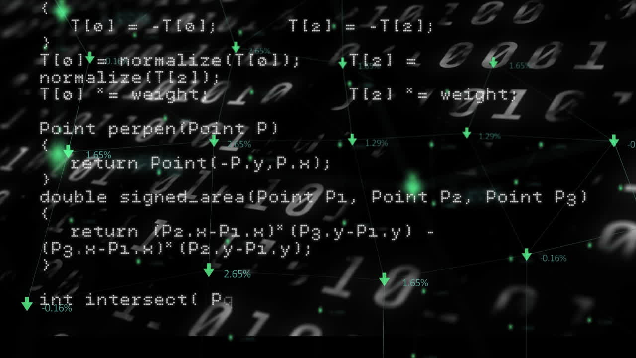 Animation of data processing and binary coding on black background