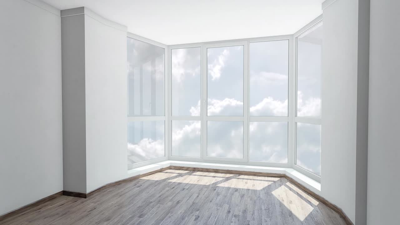 Bay window in empty room with view on cloudy sky. Background plate, chroma key video background.