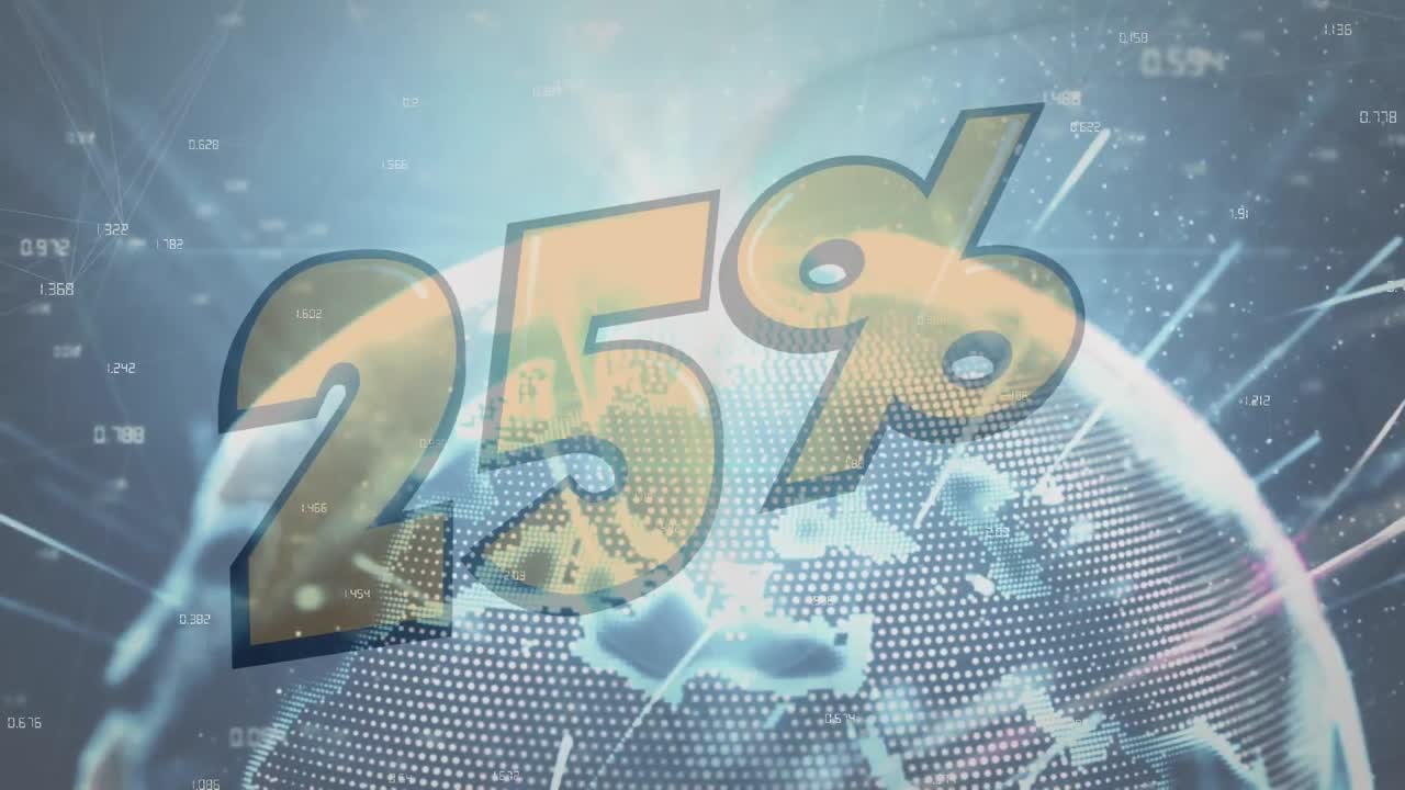 텍스트의 애니메이션 25 퍼센트, 빛나는 네트워크와 함께 회전하는 지구에, 밤하늘에