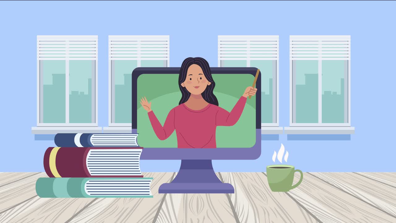 young woman teaching in desktop with books