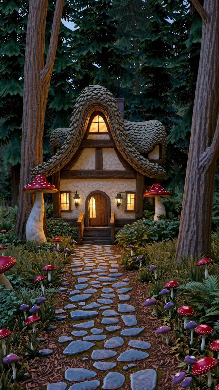 Whimsical fantasy scene with giant mushrooms and a tiny house