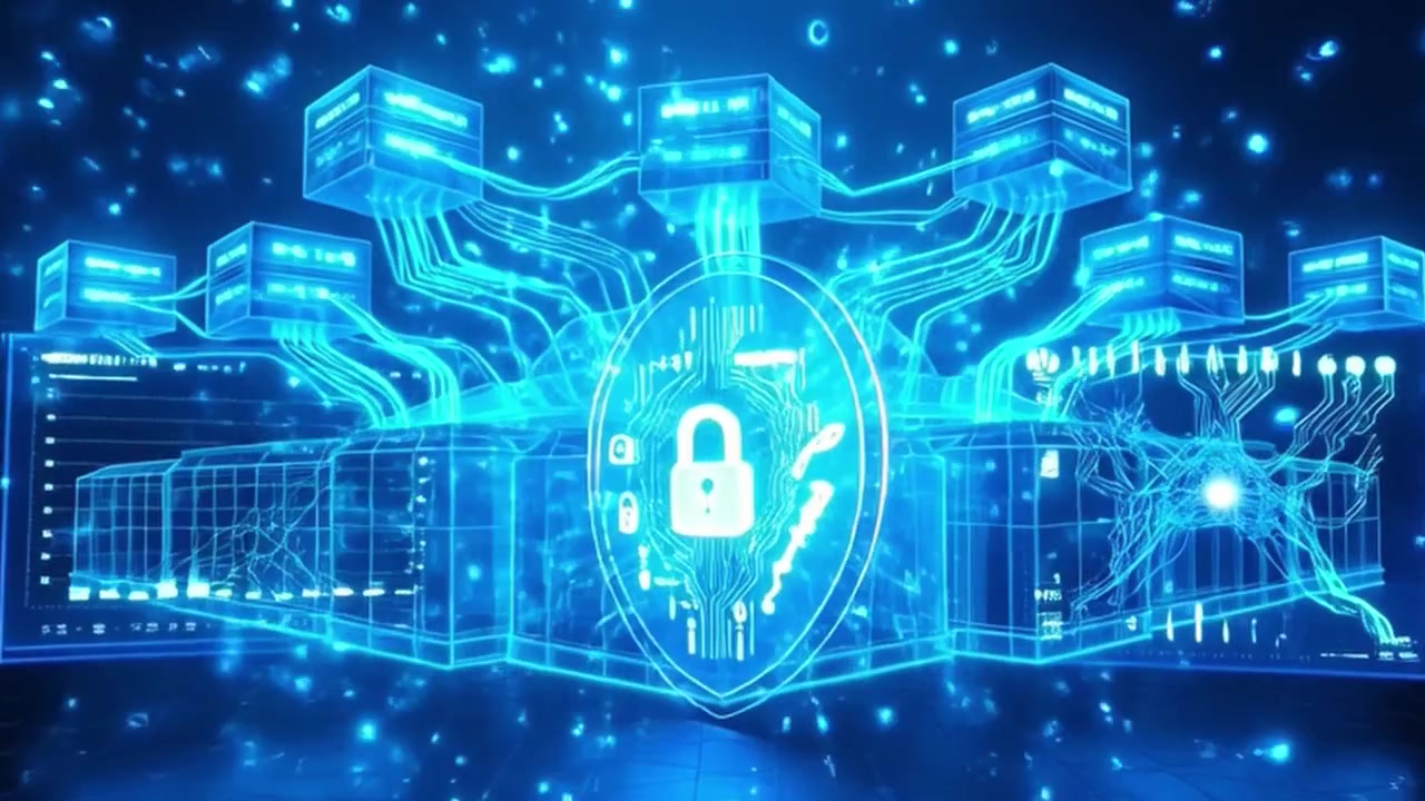 Digital Cybersecurity Concept with Glowing Data Network and Lock Icon