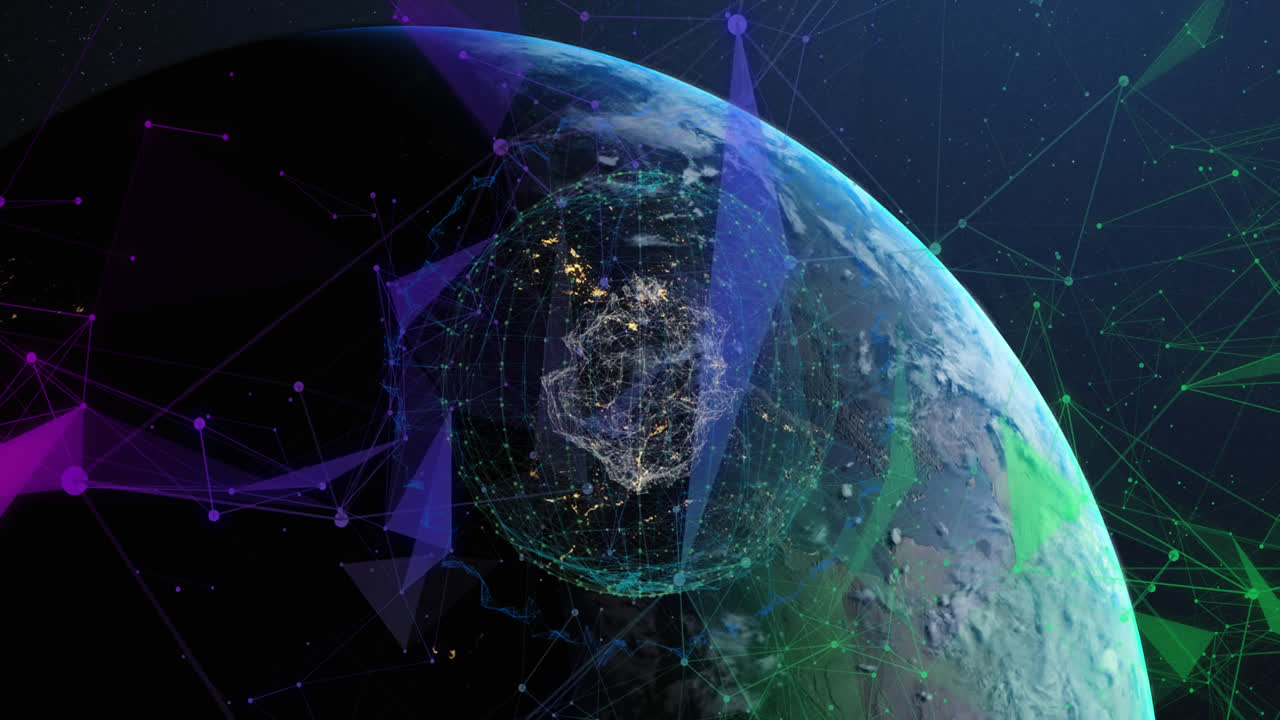 Animation of network of connections over earth globe on blue background