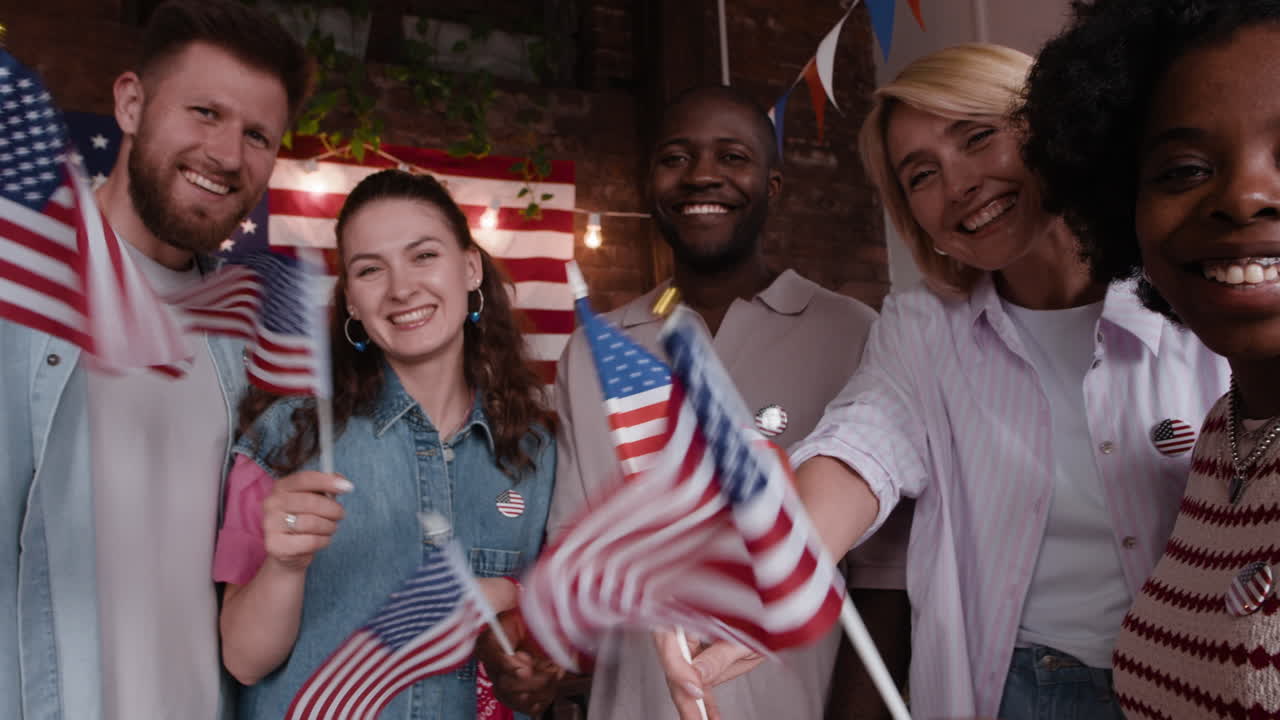 Friends Celebrating with American Flags