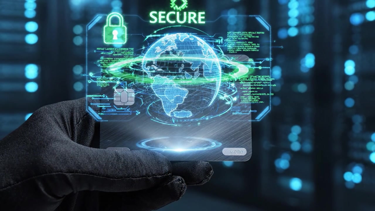 A Secure Digital Payment Card with Advanced Security Features Displaying Global Connectivity in a High-Tech Data Center Environment