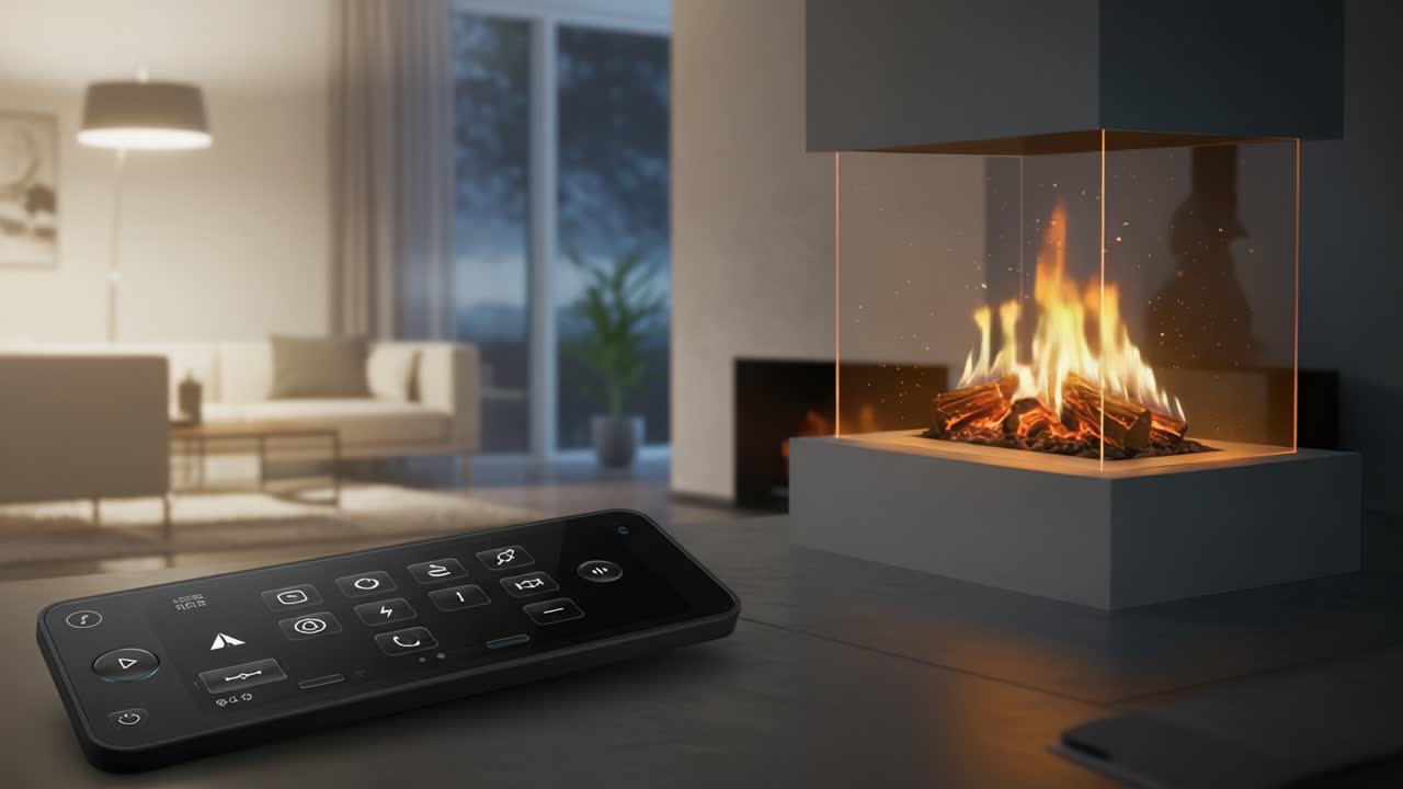 A Modern Living Room Featuring a Stylish Glass Fireplace with Remote Control, Showcasing the Warm Glow of Flames and a Cozy Atmosphere in a Contemporary Setting