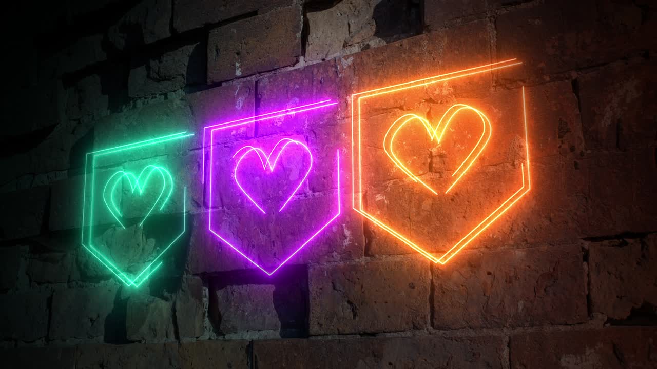 벽돌 벽 배경에 반이는 네온 디지털 심장 아이콘의 애니메이션