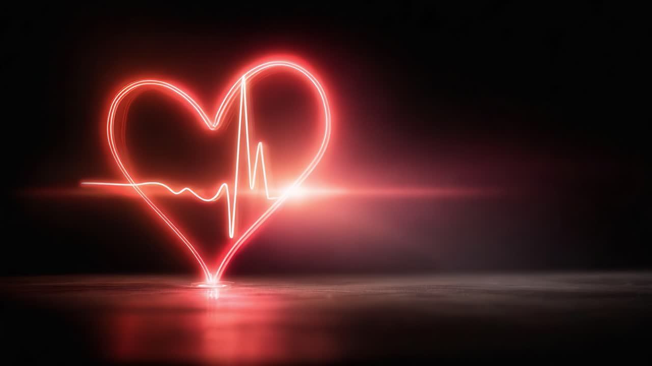 A Stunning Light Representation of an Animated Heart with a Pulsating EKG Line, Symbolizing Life, Love, and Emotional Connection in a Dark Background