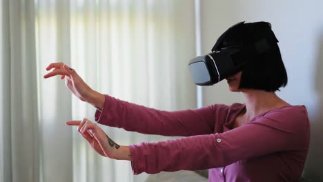 woman using virtual reality headset in living room 4k