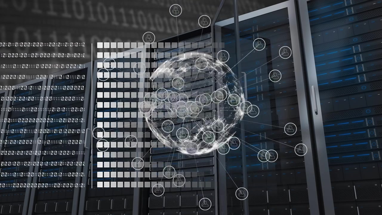 Animation of data processing and globe over server room