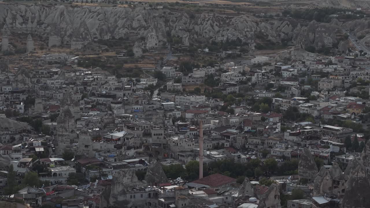 aerial view of ancient cave dwellings and unique tuff rock formations in Turkey