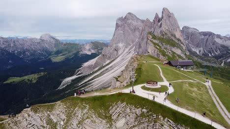 seceda mountain peak at urtijëi, south tyrol, italian alps, dolomites, italy - aerial drone view