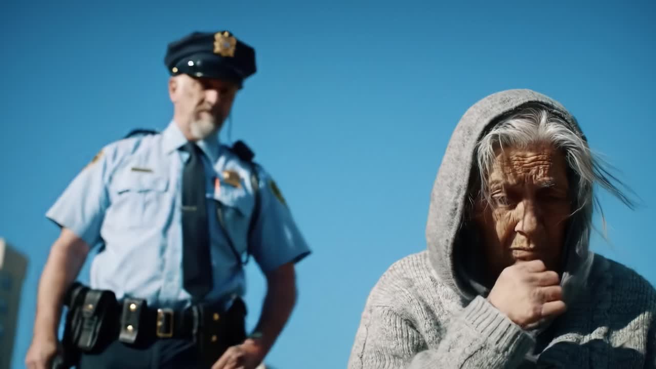 An elderly woman sits in the foreground, reflecting on life, while a police officer stands in the background, observing the scene, showcasing the dynamics of society and law enforcement.