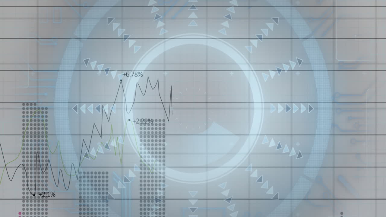그리드 배경에 그래프와 화살표를 가진 금융 데이터 및 분석 애니메이션