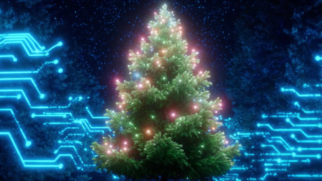 A Beautifully Illuminated Christmas Tree Surrounded by a Modern Digital Circuitry Background, Creating a Stunning Fusion of Nature and Technology
