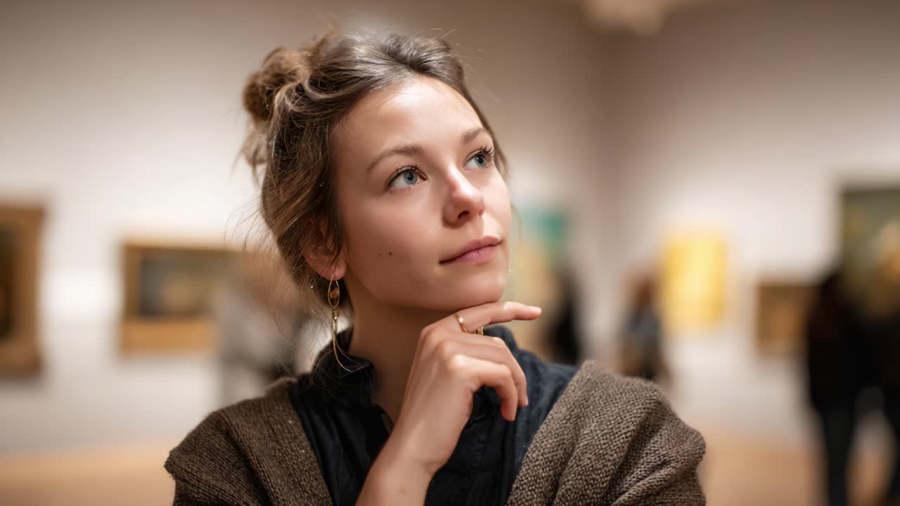 A Thoughtful Young Woman Contemplates Art in a Gallery Setting, Surrounded by Paintings and Visitors, Capturing the Essence of Reflection and Inspiration