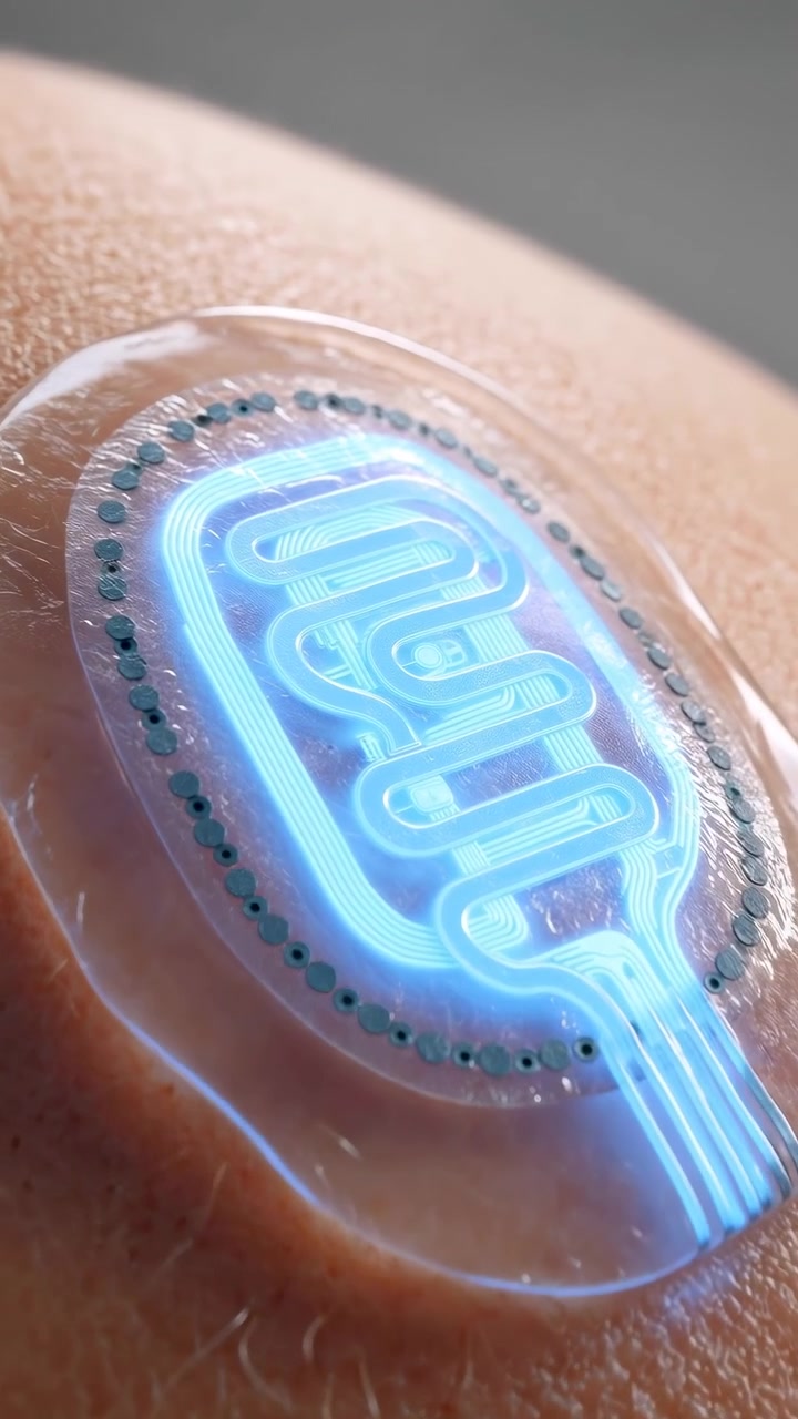 Dispositivo trasparente montato sulla pelle si illumina mentre un'illuminazione blu si diffonde attraverso tracce a forma di circuito ad anello, mentre un'inquadratura più ravvicinata rivela bordi chiari, un perimetro punteggiato e una texture cutanea fine.