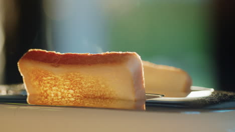 two delicious toasted pieces of bread pop out of the toaster. lit by the morning sun from the window