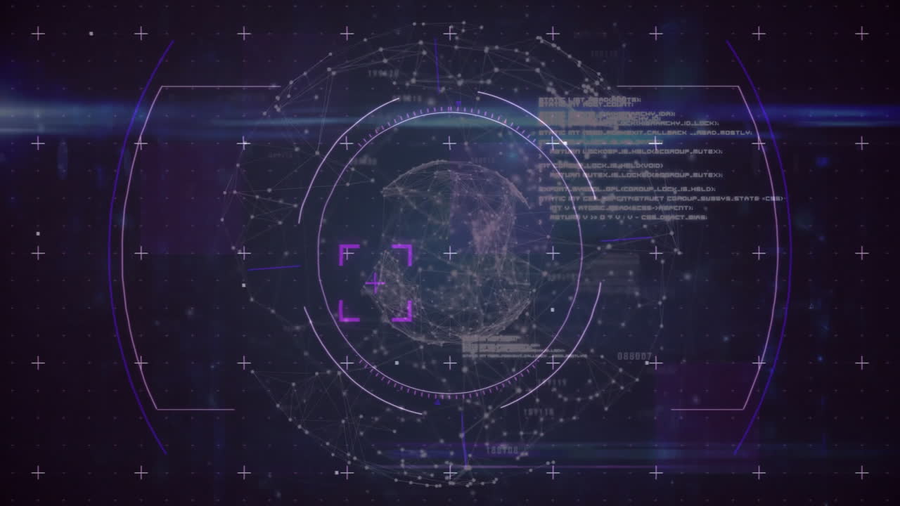 Rotating wireframe sphere orbiting glowing concentric gauges with shimmering floating nodes