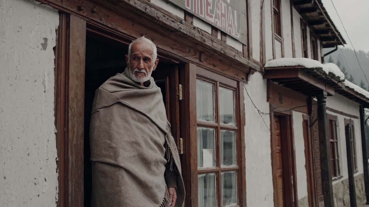 Elderly man wrapped in a warm blanket steps out of a rustic wooden house into a snowy landscape, showcasing the serene transition from indoors to outdoors