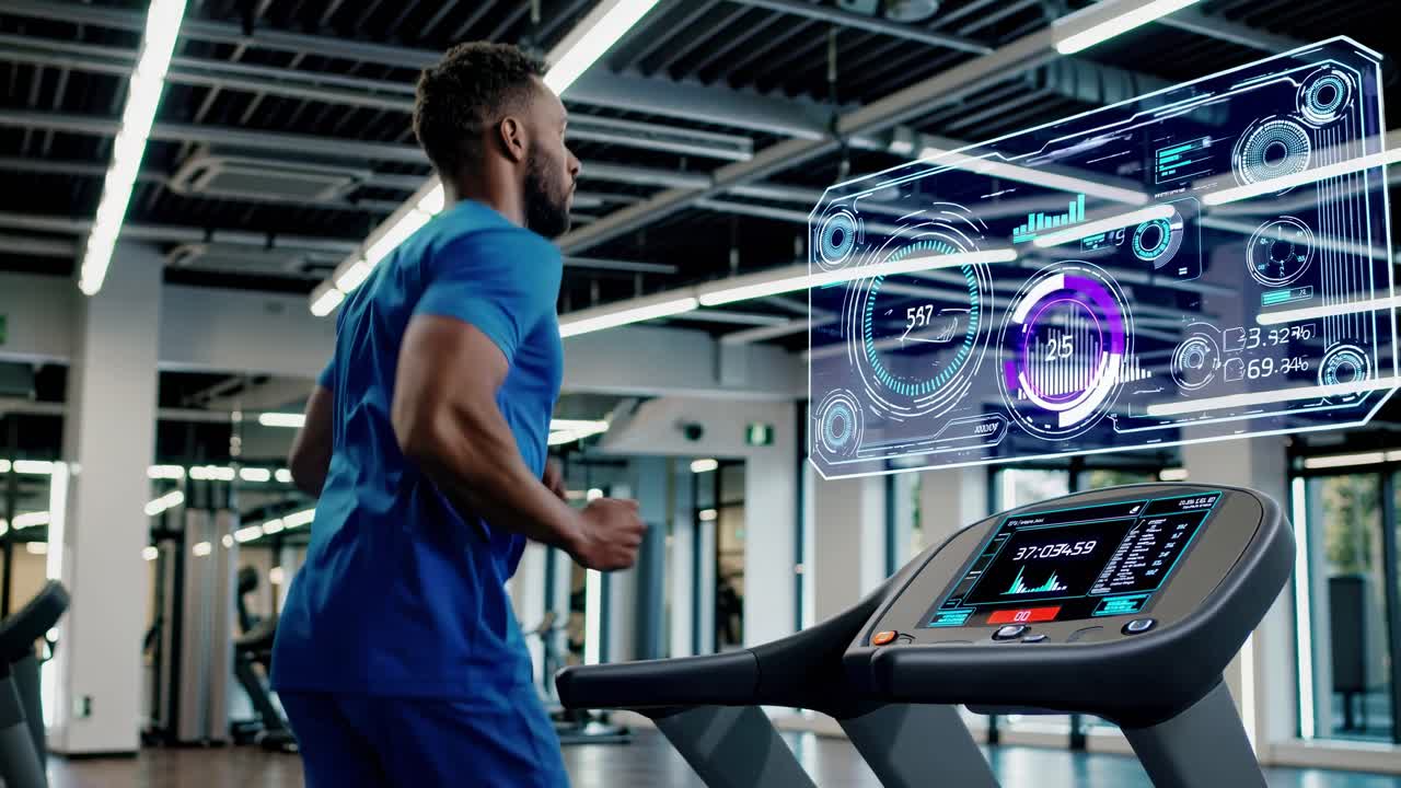 Man running on a treadmill with a holographic display
