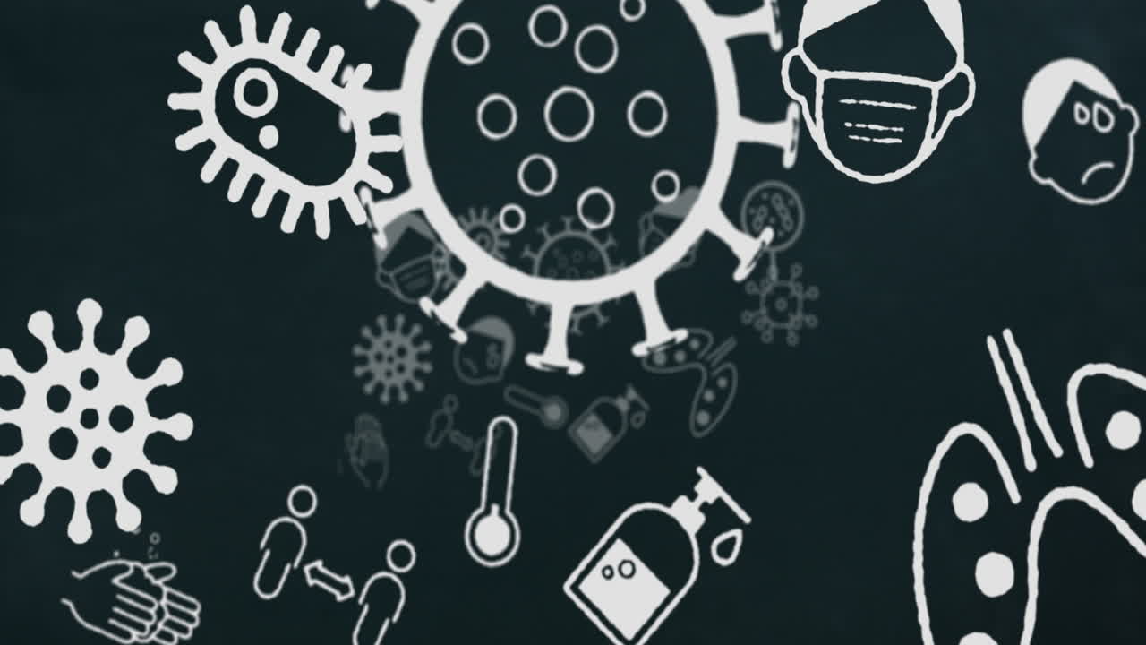 las células del coronavirus enmascaran los pulmones distanciamiento social iconos blancos flotantes