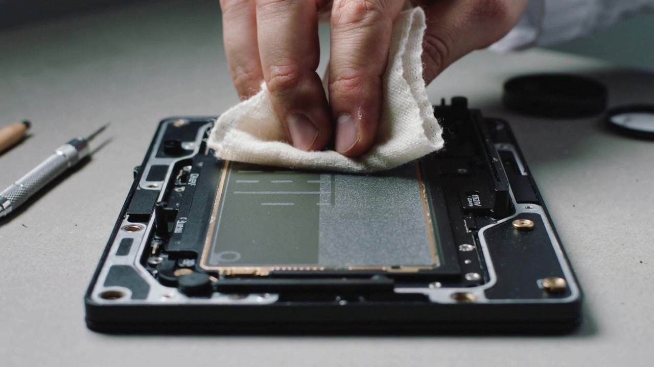 Placing tech white-cuffed hand cleaning chip with cloth on bench removing residue showing gridlines