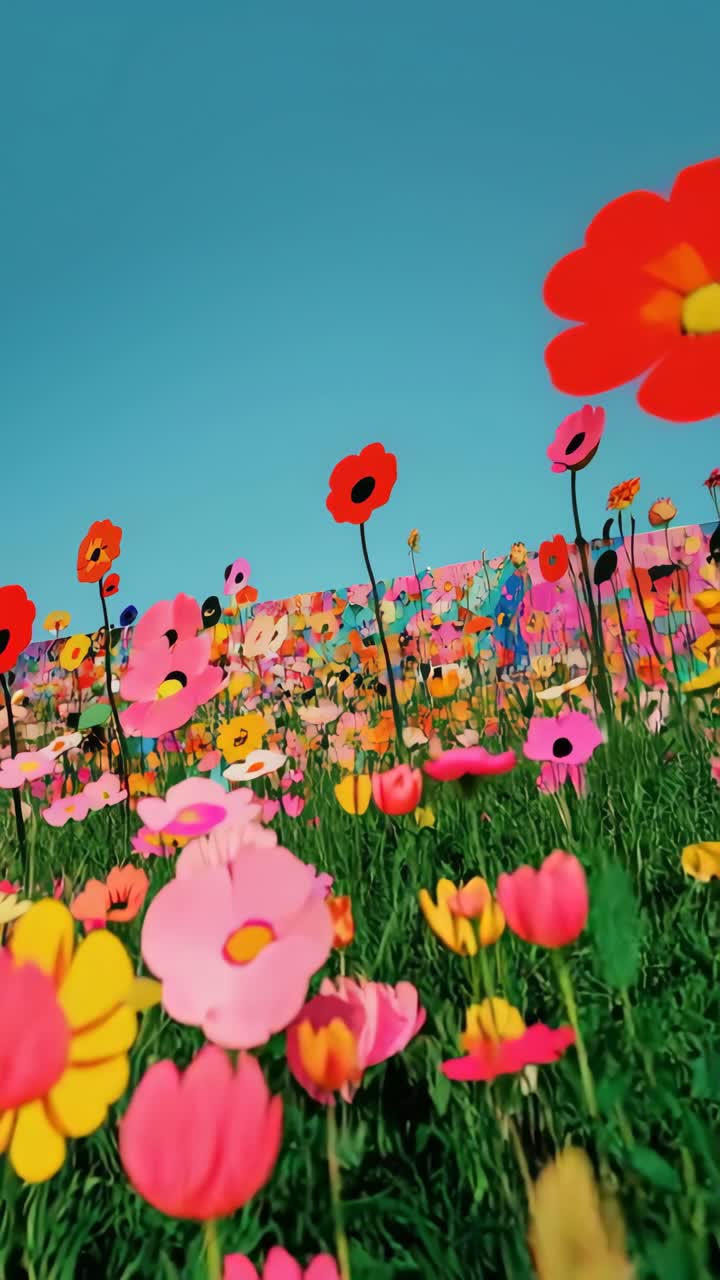 Video fotogramma vivido di fiori di carta colorati in un campo, acquisito da una bassa angolazione.