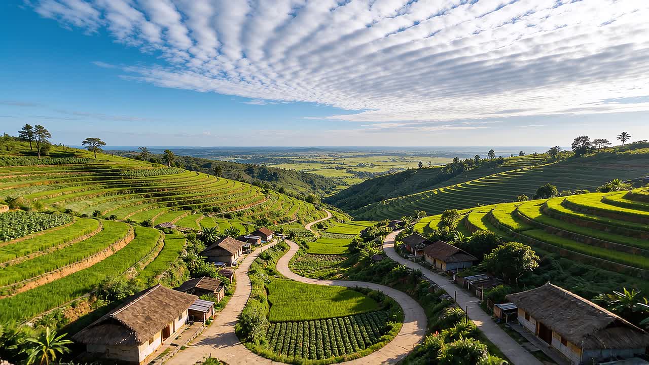 Vista aerea panoramica di risaie a terrazze e case tradizionali di un villaggio
