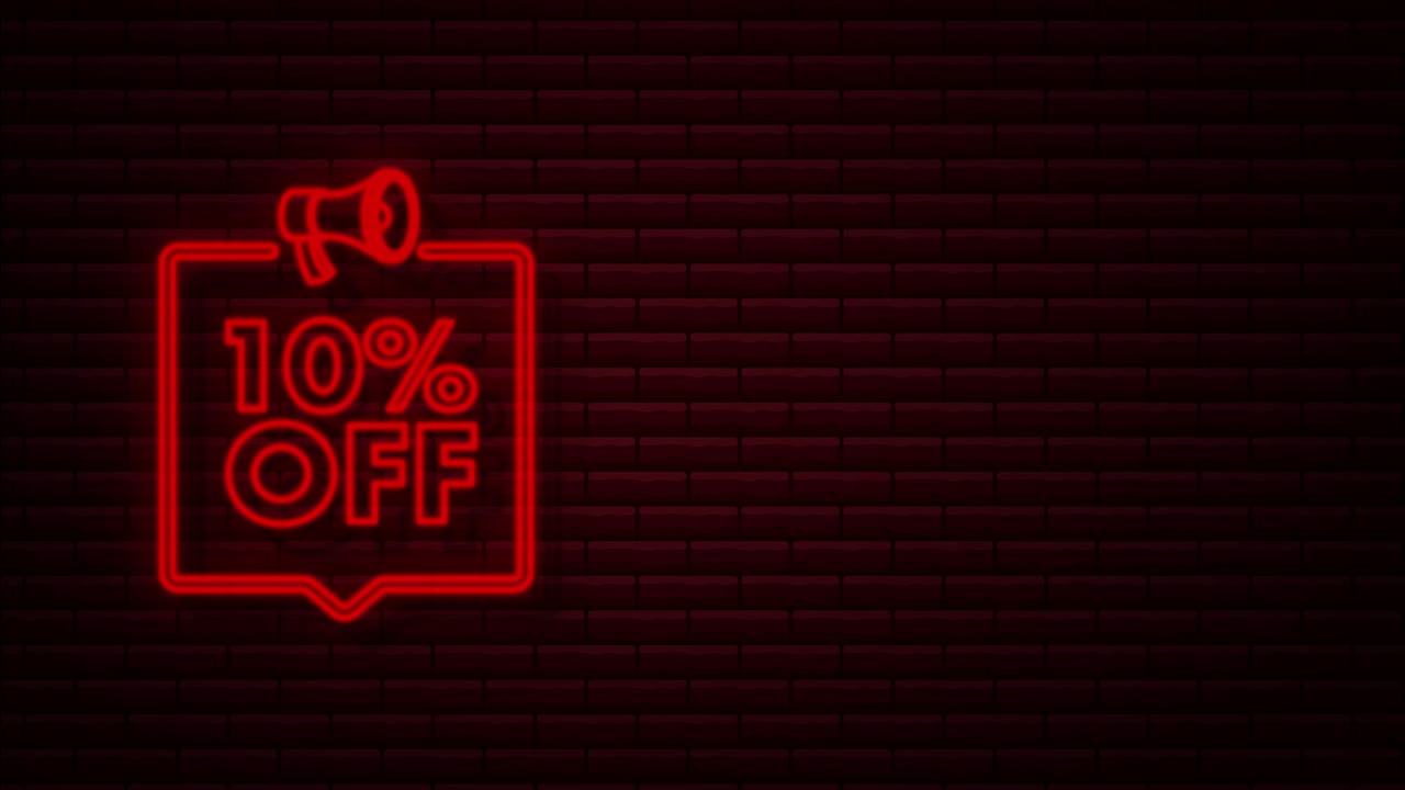 10 por ciento de descuento en la venta banner de descuento con megáfono. etiqueta de precio de oferta de descuento. icon de neón de promoción de descuento del 10 por ciento. gráfico de movimiento