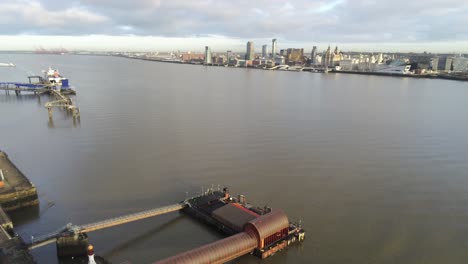 Woodside-ferry-village-terminal-aerial-view-Birkenhead-Liverpool-harbour-skyline-descend-to-corridor