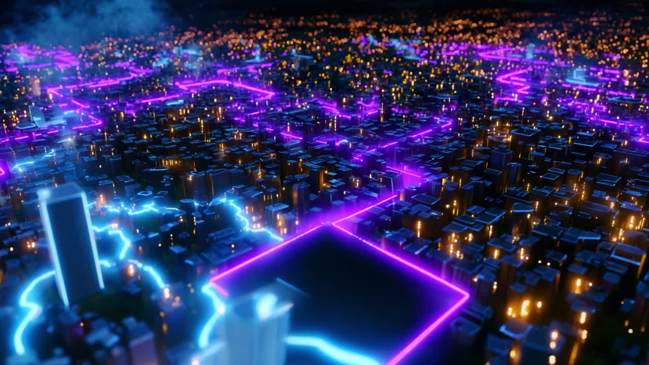 A Stunning Aerial View of a Futuristic Cityscape at Night, Featuring Vibrant Neon Lights and Complex Grid Patterns That Create a Spectacular Glow Among the Urban Architecture and Infrastructure