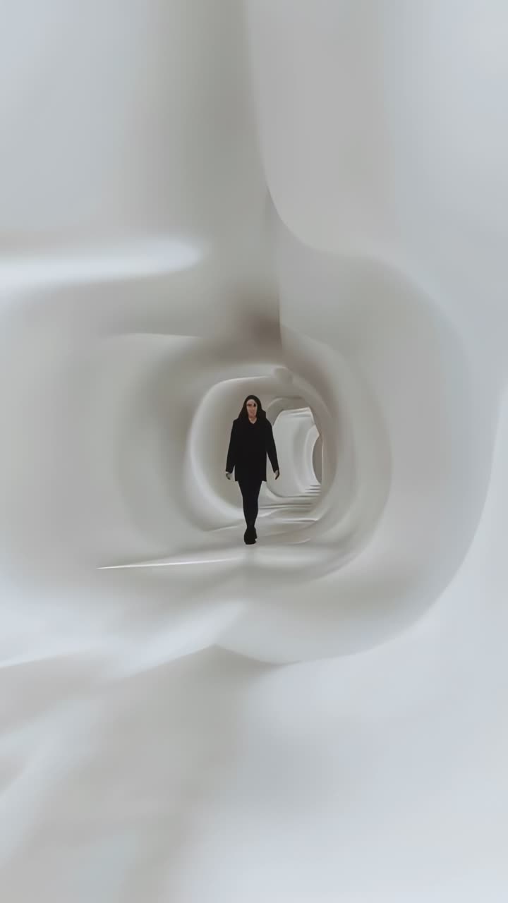 Video verticale: donna emergente in cappotto nero che cammina verso l'obiettivo all'interno di un tunnel bianco, alla scoperta dell'arte