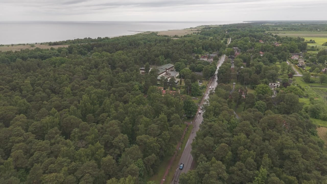 Drönarvy över kustskog och by bredvid en lång väg, med strandlinje, lugnt hav, utspridda hus, grön jordbruksmark och en tungt molnig himmel.