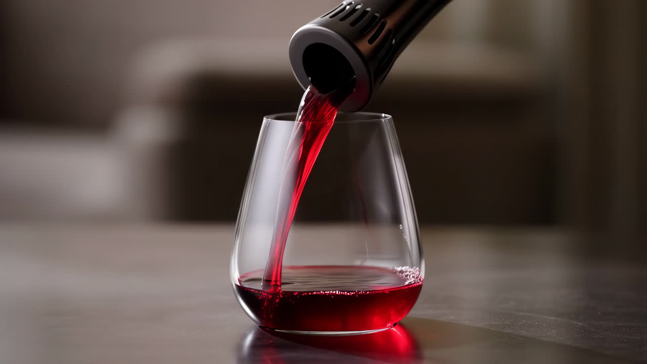 Red Wine Being Poured into a Stemless Glass from an Aerator