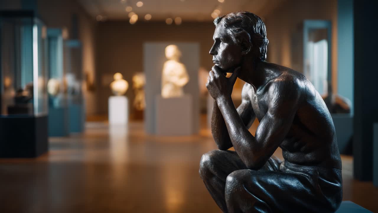 A pensive sculpture in an art museum, showcasing human expression through thoughtful pose and intricate details against a backdrop of classical artworks