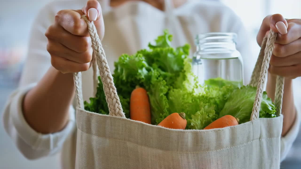 Person holding a reusable grocery bag filled with fresh vegetables and a water bottle