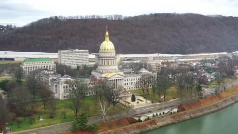 west virginia state capitol in charleston with drone video moving down