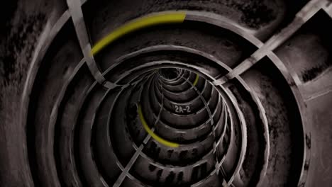 Flying-through-a-bending-grey-concrete-bulkhead-tunnel-with-yellow-highlights