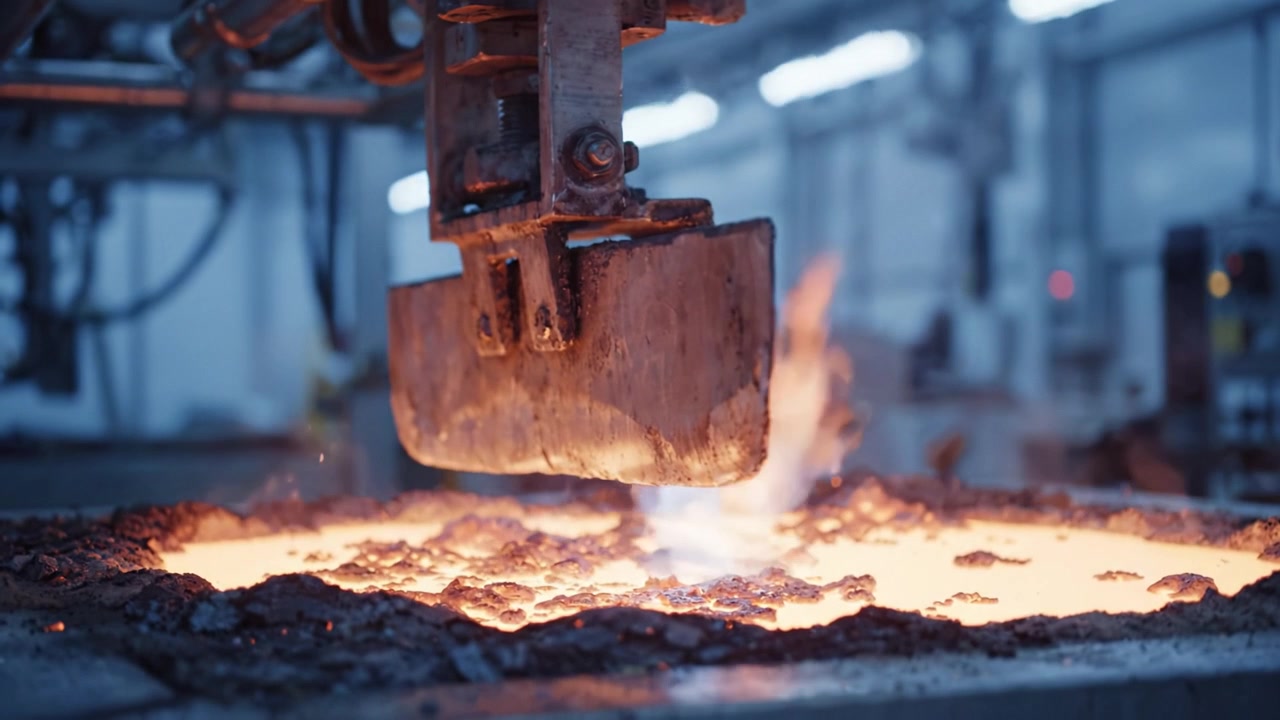 Processo di fusione industriale del metallo con colata di metallo fuso in uno stabilimento di produzione, con macchinari e attrezzature avanzate in azione.