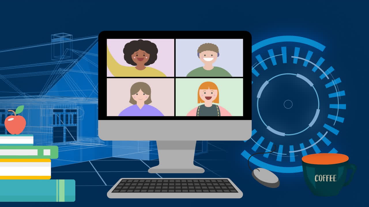 파란색 배경에 있는 집 프로젝트 위에 있는 사람들과 함께 화면의 애니메이션