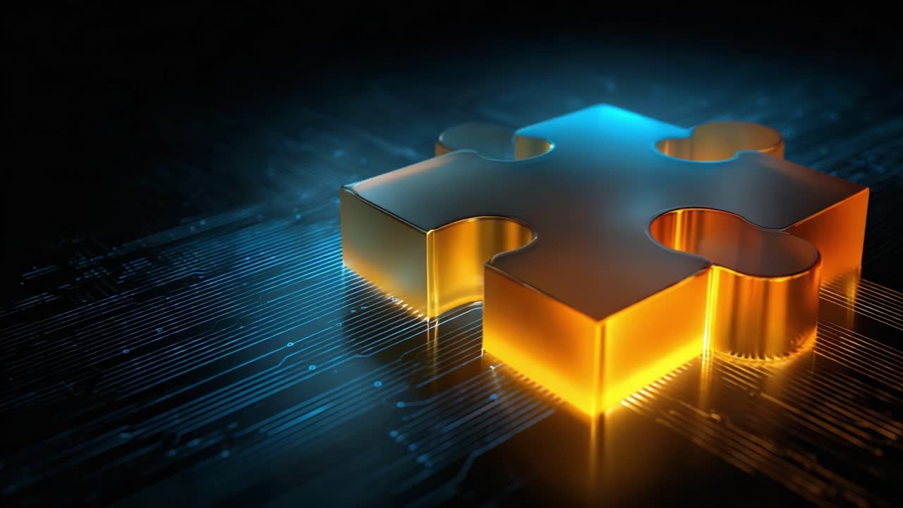 Shimmering Gold Puzzle Piece Illuminated by Futuristic Technology, Representing Connection and Problem Solving in a Digital Landscape