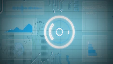 animation of scope scanning, data processing and numbers changing on blue background