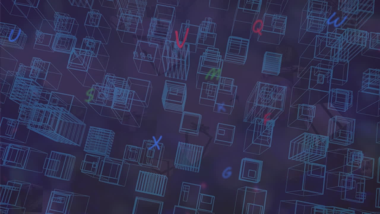 animación de letras coloridas volando sobre el paisaje urbano