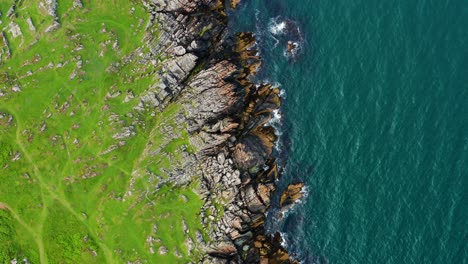aerial standstill top down view of clogherhead cliffs with people relaxing on the green pasture over rugged rocks