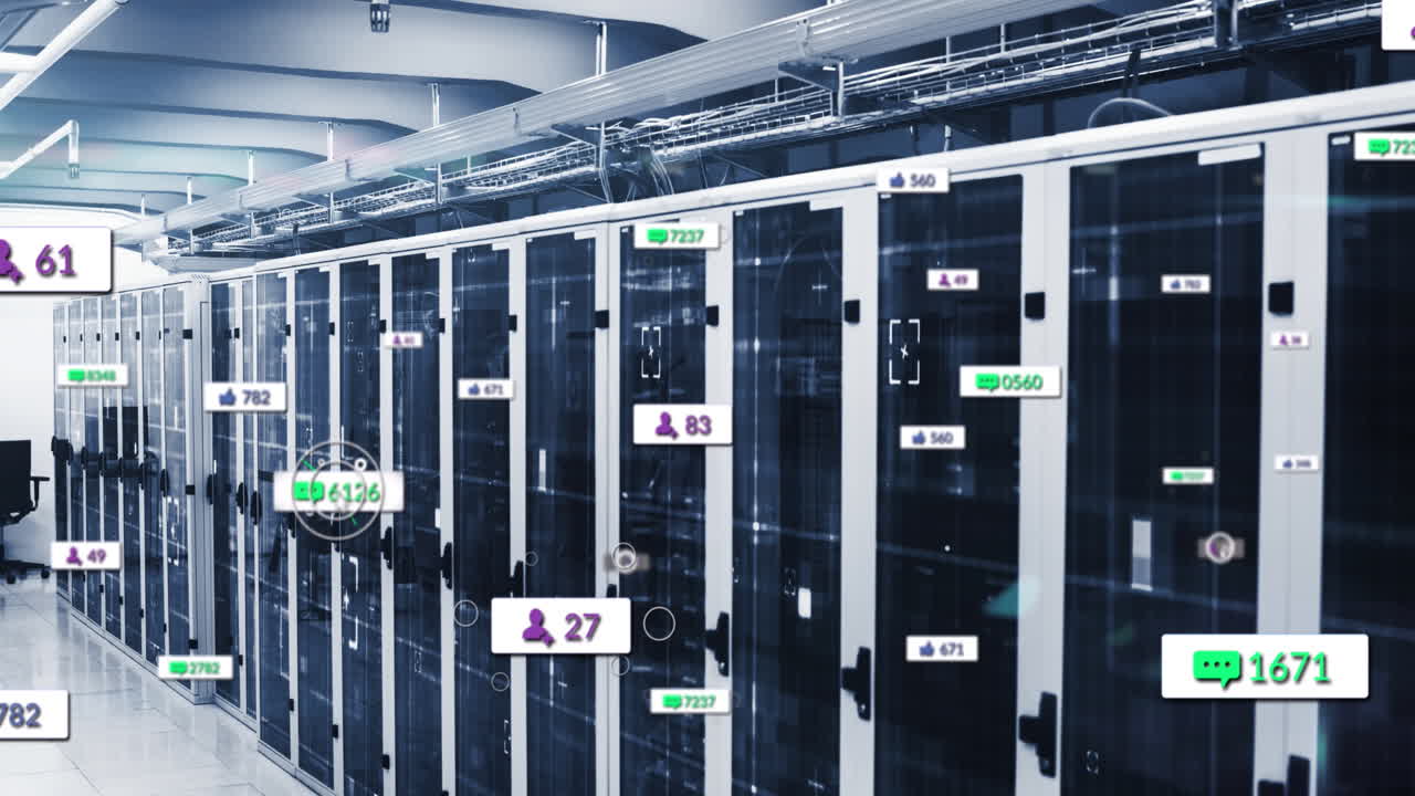 컴퓨터 서버를 통해 배너에 있는 소셜 미디어 아이콘과 숫자의 애니메이션