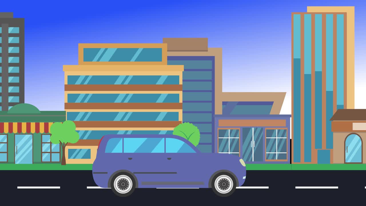 guida di auto in giro per la città vista laterale, animazione a loop, sfondo a disegno piatto