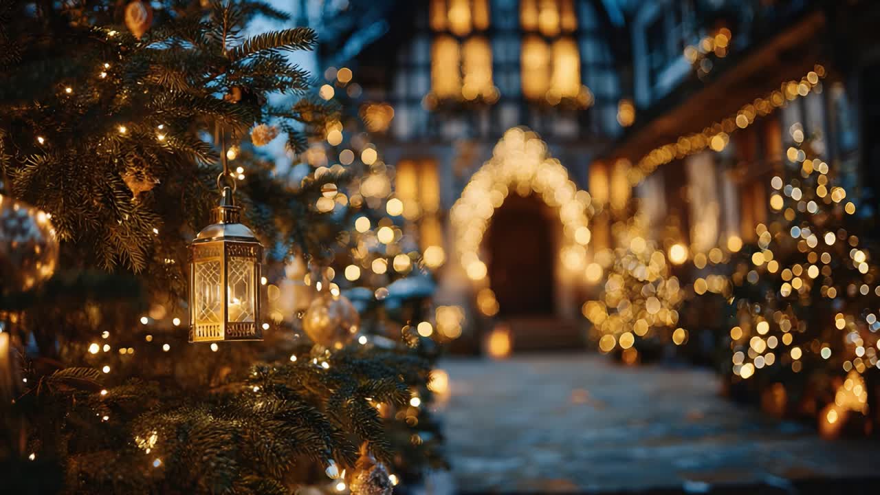 A Festive Winter Wonderland Captured at Night with Glimmering Christmas Lights and Decorated Trees Creating an Enchanting Holiday Atmosphere